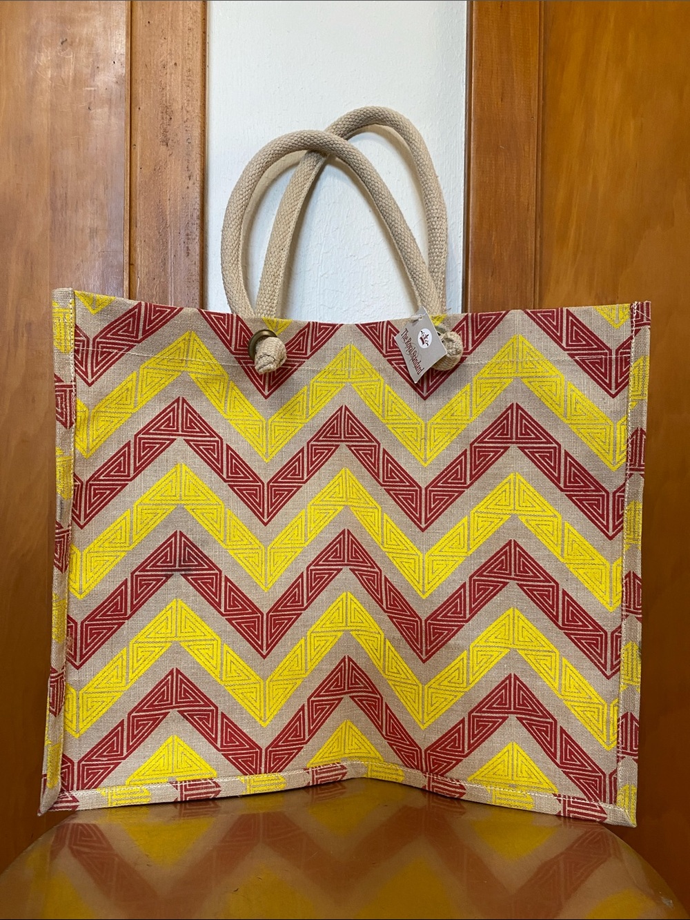 Chevron-Print Yellow & Red Tote with Rope Handles 18”x14.5”x7.5” w/ 9” Drop